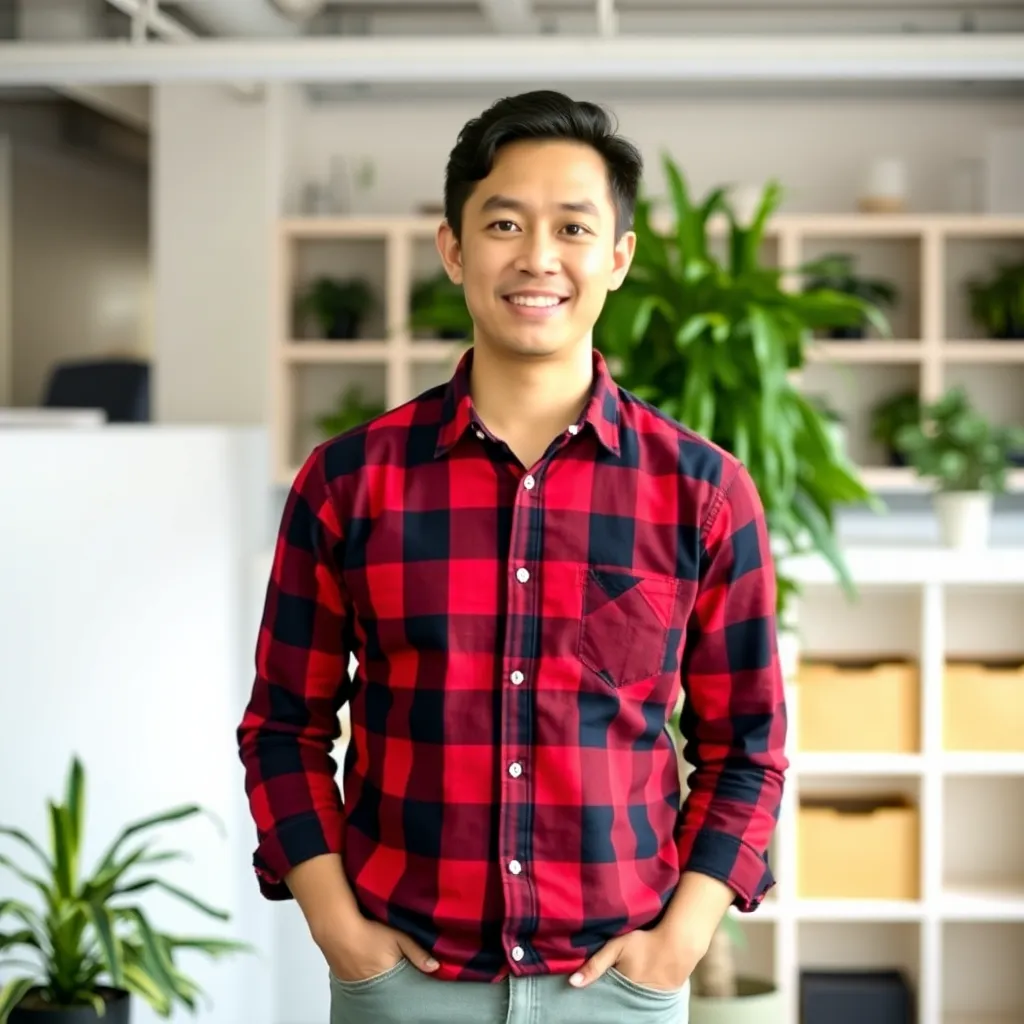 Person wearing a red and black plaid shirt standing in a modern office environment with plants and shelving in the background